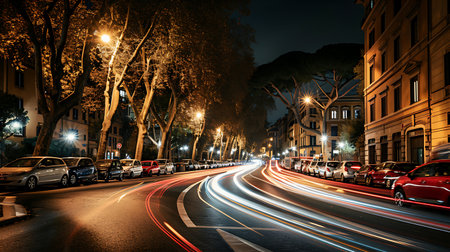 Car light trails on the street at night in Rome, Italy.の素材