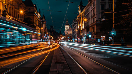 Light trails on the streets of Prague at night. Long exposure.の素材