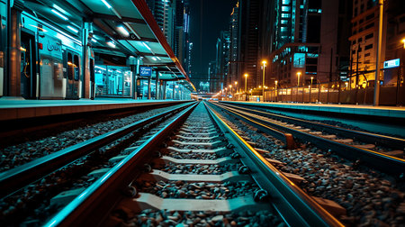 Railway in the city at night, perspective view of railway trackの素材