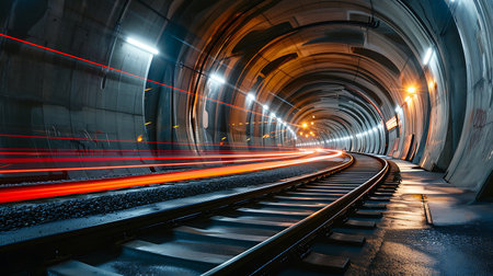 subway tunnel with light trails at night, closeup of photoの素材