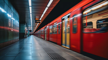 Subway station platform with red and yellow trains moving at night.の素材