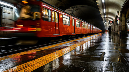 Red train in the subway station Europe.の素材