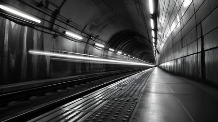 Subway tunnel in Milan, Italy. Black and white image.の素材