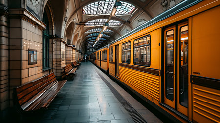Red train in the subway station Europe.の素材