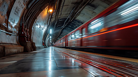 Red train in the subway station Europe.の素材
