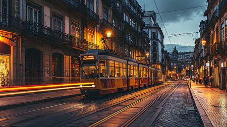 Lisbon, Portugal. Tram on the street at night.の素材