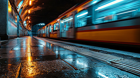 Red train in the subway station Europe.の素材
