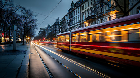 High speed train in motion on the railway station at sunsetの素材