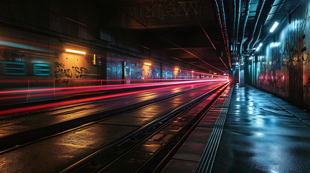 High speed train in motion on the railway station at sunsetの素材