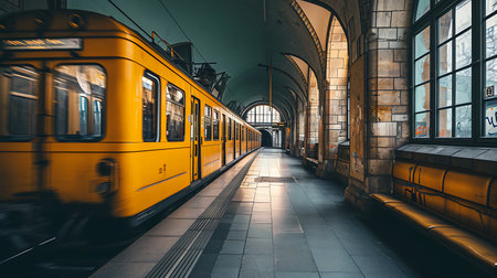 High speed train in motion on the railway station at sunsetの素材