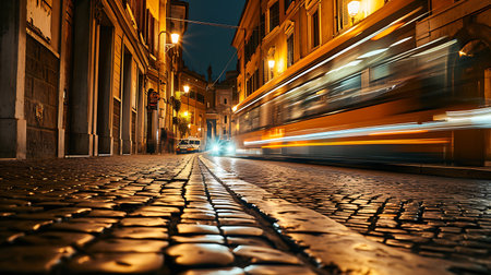 High speed train in motion on the railway station at sunsetの素材