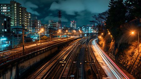 Train tracks in the city at night, Tokyo, Japan. Long exposure.の素材