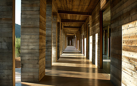 A long corridor in the interior of a modern building. 3D renderingの素材