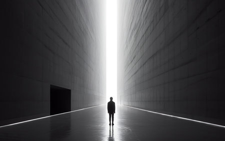 Silhouette of a man standing in front of an open door in a modern buildingの素材