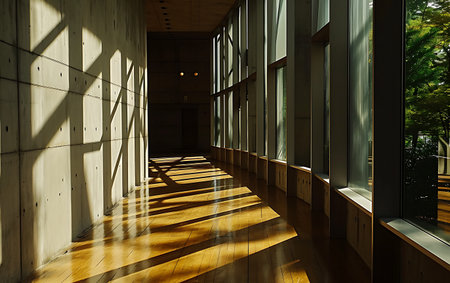 Interior of a modern office building with glass walls and wooden floorの素材