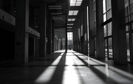 Interior of a modern office building, black and white photo.の素材