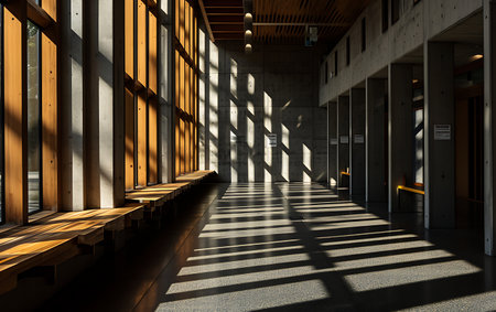 3d rendering of an empty corridor in an office building illuminated by sunlightの素材