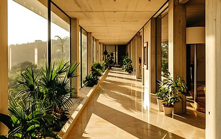 Interior of a modern villa with terrace and garden viewの素材