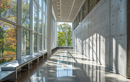 Interior of modern office building, wide corridor with glass walls.の素材