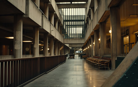 Interior of a modern office building with a long corridor and staircaseの素材
