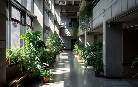 Interior of a modern office building with green plants in pots.の素材
