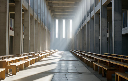 Interior of a modern church with wooden benches in the rays of sunlightの素材