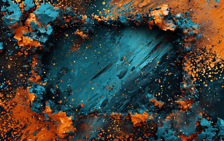 Abstract background with blue and orange paint splashes on black background.の素材