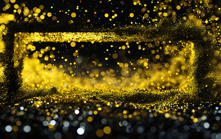 Golden glitter on black background. Gold bokeh defocused lights.の素材
