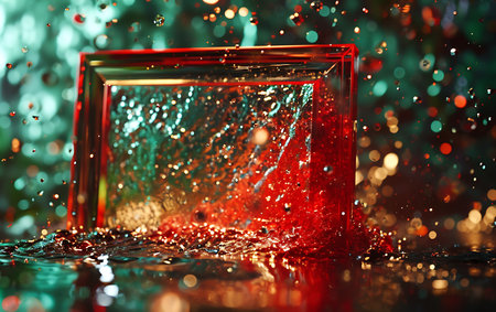 Red glass cube with water drops and bokeh on colorful backgroundの素材
