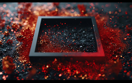 Close-up view of red and black powder explosion on black background.の素材
