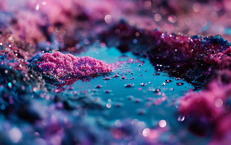 Close up of pink water drops on blue background with bokehの素材