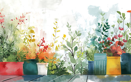 Illustration of plants in pots on a wooden terrace with watercolor backgroundの素材