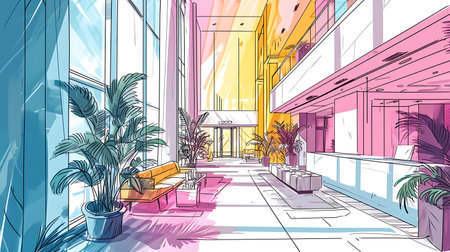 Sketch of interior of modern office building. Vector illustration.の素材