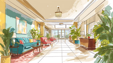 Sketch of the interior of the living room. Vector illustrationの素材
