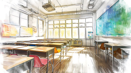 Interior of a school classroom with desks and chairs. Digital paintingの素材