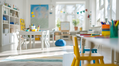 School children's room with table and chairs, shallow depth of fieldの素材
