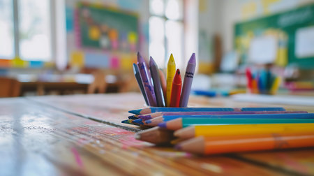 Back to school. Pencils on the table in the classroom.の素材
