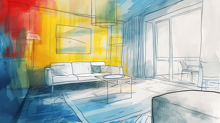 Sketch of a living room interior. Hand drawn vector illustration.の素材