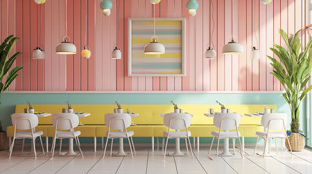 Interior of a cafe with pink walls, white tables and chairs. 3d renderingの素材