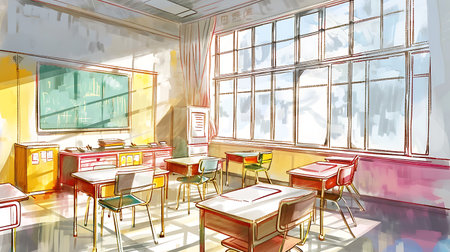 Interior of an empty school classroom. 3D rendered illustration.の素材