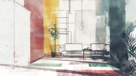 Interior of living room with sofa, coffee table and armchairの素材