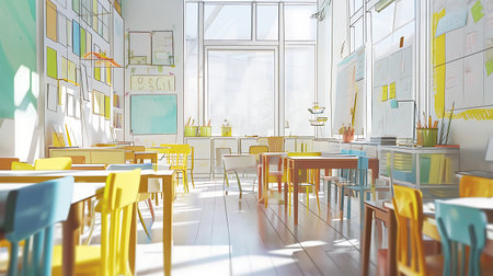 3d rendering of an empty school classroom with yellow chairs and tablesの素材