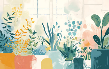 Illustration of a cozy room with plants in pots. Bright colors.の素材