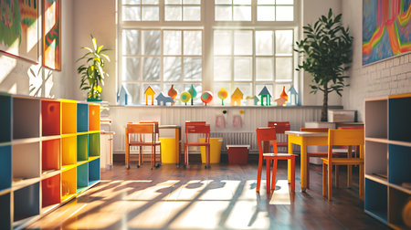 3d render of children's room with colorful chairs and table.の素材