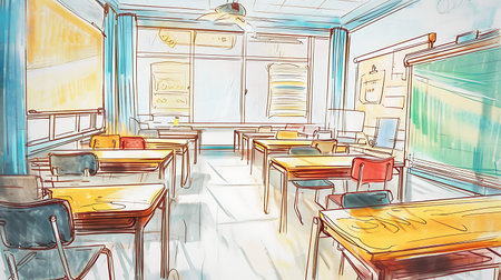 Sketch of school classroom interior with tables and chairs. Vector illustrationの素材