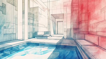 sketch design of interior swimming pool, 3d render illustrationの素材