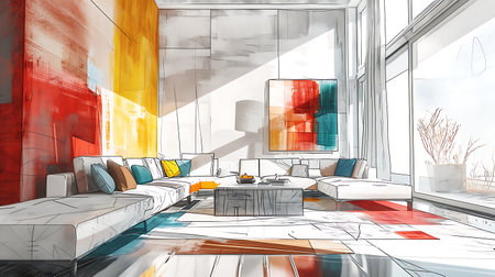 Sketch design of living room interior, 3d render illustrationの素材