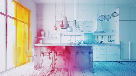 Luxury kitchen interior with white walls, wooden floor, white countertops with built in sink and cooker. 3d rendering toned image double exposureの素材