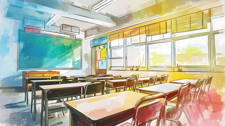 Interior of a school classroom with chairs and tables. Digital watercolor painting.の素材