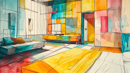 Sketch of living room interior design. Hand drawn illustration.の素材